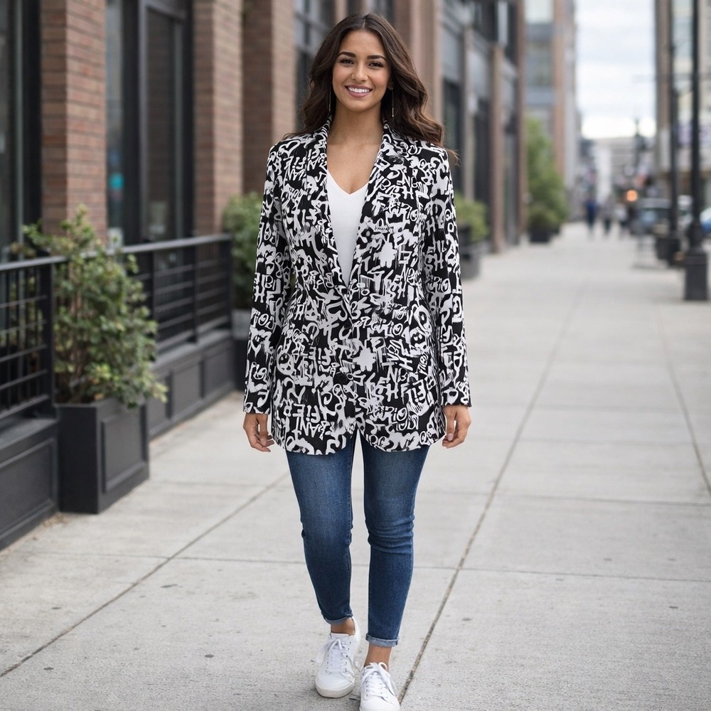 Wearever Graffiti Print Blazer Black White Street Art Jacket Y2K Edgy Artsy SZ L